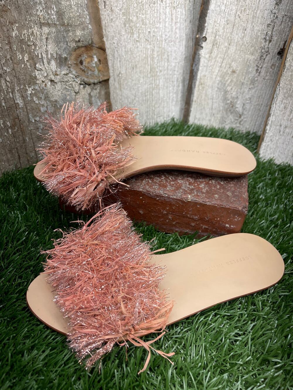 Loeffler Randall Katie Raffia Plank Slides, Ballet/Rose Gold Women’s Size 6.5